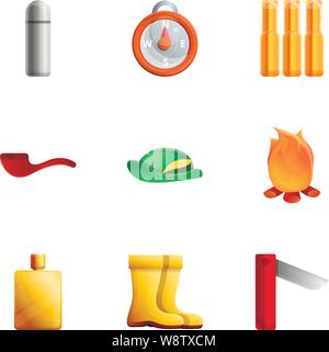 Hunting weapon tools icon set. Cartoon set of 9 hunting weapon tools vector icons for web design isolated on white background Stock Vector