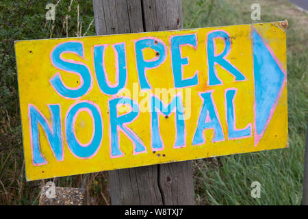 Hand-painted sign for Supernormal Festival 2019. Brazier's Park, Oxfordshire. Stock Photo