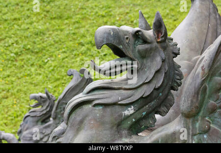 RIMSKE TOPLICE, Slovenia - August 3, 2019: Close-up on the statue of a mythological creature at the entrance of a park near the spa Stock Photo