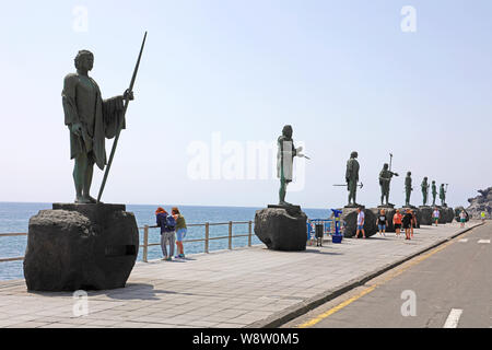 TENERIFE, SPAIN - JUNE 1, 2019: Guanche statues on waterfront of Candelaria village, Tenerife, Spain Stock Photo