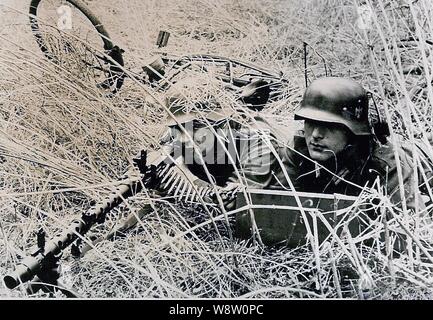 German Soldiers with a Light Machine Gun MG34 in long grass on the Russian Front during Operation Barbarossa Stock Photo