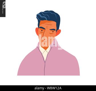 Real people portrait - hand drawn flat style vector design concept illustration of a young brunette man, face and shoulders avatar. Flat style vector Stock Vector