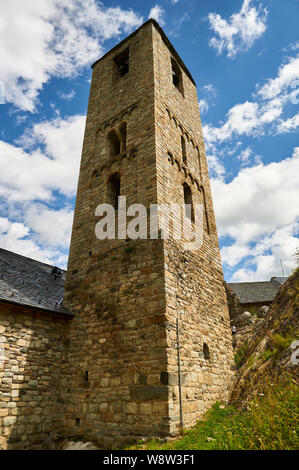 Tower of Sant Joan de Boí church, a Catalan Romanesque Churches of the Vall de Boí (Bohí valley, Alta Ribagorza, Lleida, Pyrenees, Cataluña, Spain) Stock Photo