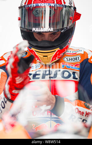 Repsol Honda Team's Spanish rider Marc Marquez prepares for the Austrian MotoGP Grand Prix race. Stock Photo