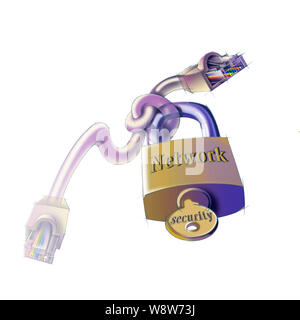 Network security represented literally by a cable with a knot with a lock and key tied in the middle Stock Photo