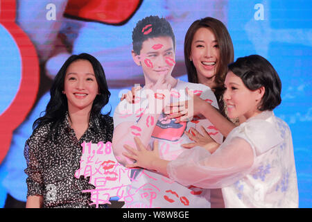 (From left) Chinese actress Zhou Xun, Taiwanese actresses Sonia Sui and Evonne Sie pose during a premiere for their new movie 'Women Who Flirt' in Bei Stock Photo