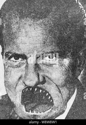 A 1970s Students for a Democratic Society SDS altered photo of President Richard Nixon published in an underground college newspaper. Stock Photo
