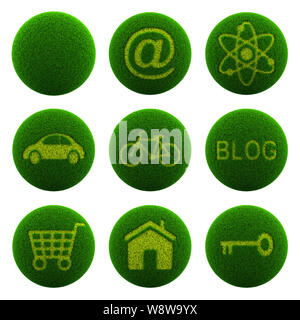 Green Globe with Grass Cutted in the Shape of Symbol or Text 3D Illustration Isolated on White Background, Icon Set Stock Photo