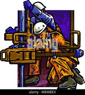 Two oil riggers covered in oil working a rig with large industrial drill pipes and clamps Stock Vector