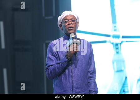 American actor Samuel L. Jackson speaks at the premiere of his movie, Captain America: The Winter Soldier, in Beijing, China, 24 March 2014. Stock Photo