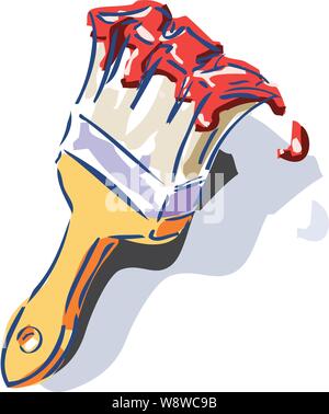 Loose redered painters brush with red paint on it. Illustrated in a very cartoony loose fashion Stock Vector