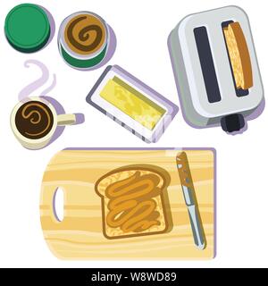 Peanubutter on toast with coffee on a cutting board with a knife & an old style textured yellow counter with toaster butter & a jar of peanut butter Stock Vector