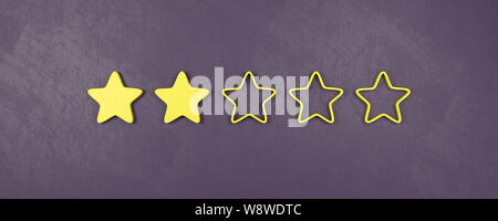 Two of Five Yellow Star Shapes 3D Illustration, Bad Rating Concepts Stock Photo