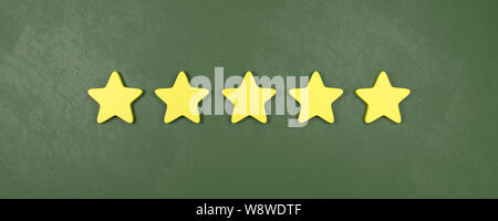 Five of Five Yellow Star Shapes 3D Illustration, Very Good Rating Concepts Stock Photo