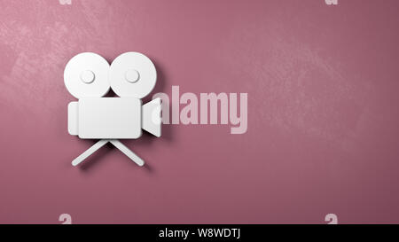 White Old Video Camera 3D Symbol Shape on a Purple Red Wall with Copy Space 3D Illustration Stock Photo