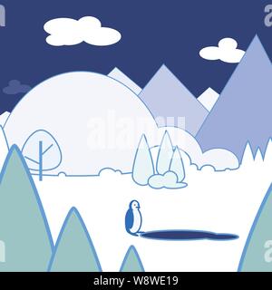 A lone penguin in the wilderness contemplating a large puddle. He is surrounded by trees and mountains and igloo looking hills  below a dark sky with Stock Vector