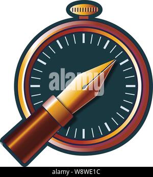 Vintage ink pen in front of a vintage stopwatch  with winder dial on the top & white tick time markes pointing to about 2:30 Stock Vector