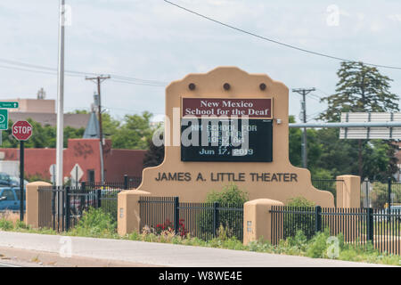 Santa Fe, USA - June 17, 2019: New Mexico School for the Deaf sign in James A. Little Theater Stock Photo