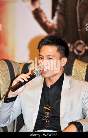 Hong Kong actor Andy On speaks during a premiere event for his new movie 'Outcast' in Chengdu city, southwest China's Sichuan province, 24 September 2 Stock Photo