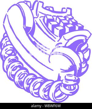Vintage corded push button phone with its own mouth on the front below the buttons talking into  the receiver  in a bold loose line style Stock Vector