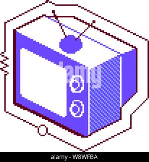 Isometric pixel image of a vintage television set with an electrical circut line & markings keylined around it Stock Vector