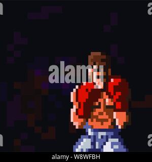 Boxer in a fighting stance wide pixel style with hands raised to his face as very loose grainy pixel image Stock Vector