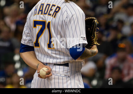 August 9, 2019: Milwaukee Brewers relief pitcher Josh Hader #71 prepares to throw a pitch during the Major League Baseball game between the Milwaukee Brewers and the Texas Rangers at Miller Park in Milwaukee, WI. John Fisher/CSM Stock Photo