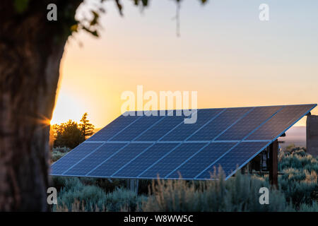 Ranchos de Taos valley and green landscape in summer and closeup of solar panel at sunset behind tree Stock Photo