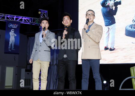 (From left) Former Chinese Olympic diving champion Tian Liang, Taiwanese singer and actor Richie Jen, Chinese TV host Cheng Lei speak at the launch ev Stock Photo