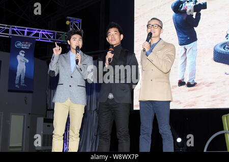 (From left) Former Chinese Olympic diving champion Tian Liang, Taiwanese singer and actor Richie Jen, Chinese TV host Cheng Lei speak at the launch ev Stock Photo