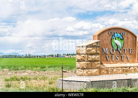Monte Vista, USA - June 20, 2019: Highway 160 in Colorado with sign for city entrance welcome Stock Photo