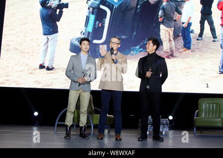 (From left) Former Chinese Olympic diving champion Tian Liang, Chinese TV host Cheng Lei, Taiwanese singer and actor Richie Jen attend the launch even Stock Photo