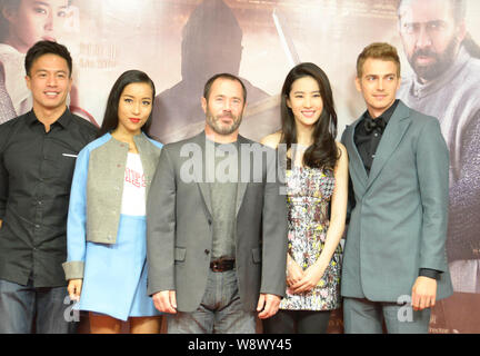 (From left) Hong Kong actor Andy On, Chinese singer Jike Junyi, American director Nick Powell, Chinese actress Liu Yifei and Canadian actor Hayden Chr Stock Photo