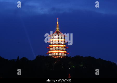 Night view of the Leifeng Pagoda at the West Lake in Hangzhou city, east Chinas Zhejiang province, 11 July 2009. Stock Photo