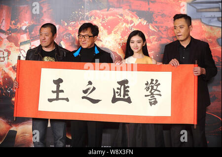 (From left) Chinese director Ding Sheng, Hong Kong actor Jackie Chan, Chinese actress Jing Tian and actor Liu Ye pose during a press conference for th Stock Photo