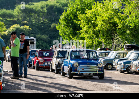 Aspen, USA - June 24, 2019: Mini car event in parking lot with many vehicles in Snowmass Village, Colorado during summer