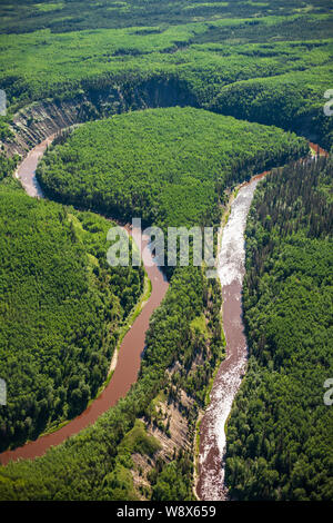 Aerial photo of the Mackay River west of Fort Mackay and northeast of Fort McMurray, Alberta Canada. Stock Photo