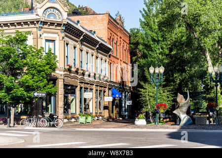 Aspen, USA - June 27, 2019: Town in Colorado with vintage architecture on street park square in luxury expensive famous city during summer day Stock Photo
