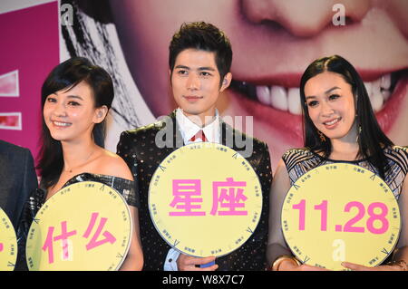 (From left) Taiwanese actress Ivy Chen, Chinese actor Chen Xuedong and Canadian actress Christy Chung pose during a press conference for their new mov Stock Photo