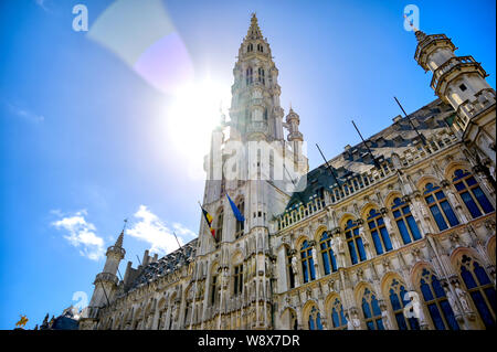 The Town Hall of the City of Brussels is a Gothic building from the Middle Ages. It is located on the famous Grand Place in Brussels, Belgium. Stock Photo
