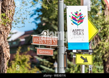 Aspen, USA - June 27, 2019: Town in Colorado with closeup of sign on Hunter street for gondola and festival Stock Photo