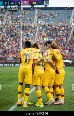 ANN ARBOR, MI - AUGUST 10: FC Barcelona players celebrate their second goal during the La Liga-Serie A Cup match between Barcelona and Napoli on August 10, 2019 at Michigan Stadium in Ann Arbor, MI (Photo by Allan Dranberg/Cal Sport Media) Stock Photo