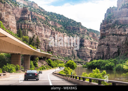 Glenwood Springs, USA - June 29, 2019: Glenwood Canyon on freeway highway through Colorado towns with cliffs and road Stock Photo