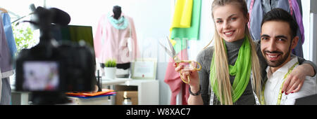 Trendy Clothes Creating Design Video Blog Concept Stock Photo