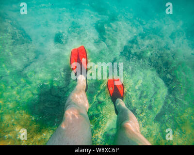 mans legs in red flippers underwater snorkeling Stock Photo