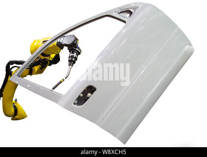 Robot arm demonstrate spot welding car door isolated on white background Stock Photo