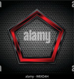 Black and red pentagon shape on perforated metallic texture. Vector graphic design Stock Vector
