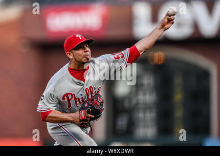 San Francisco, California, USA. 11th Aug, 2019. August 11, 2019: Philadelphia Phillies relief pitcher Jose Alvarez (52) in action during the MLB game between the Philadelphia Phillies and the San Francisco Giants at Oracle Park in San Francisco, California. Chris Brown/CSM Credit: Cal Sport Media/Alamy Live News Stock Photo