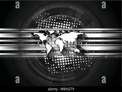 Dark technology background with world map and silver stripes. Vector graphic design illustration Stock Vector