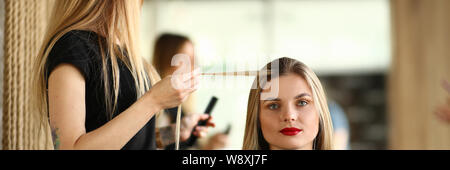 Hairdresser Holding Long Hair Strand of Client Stock Photo